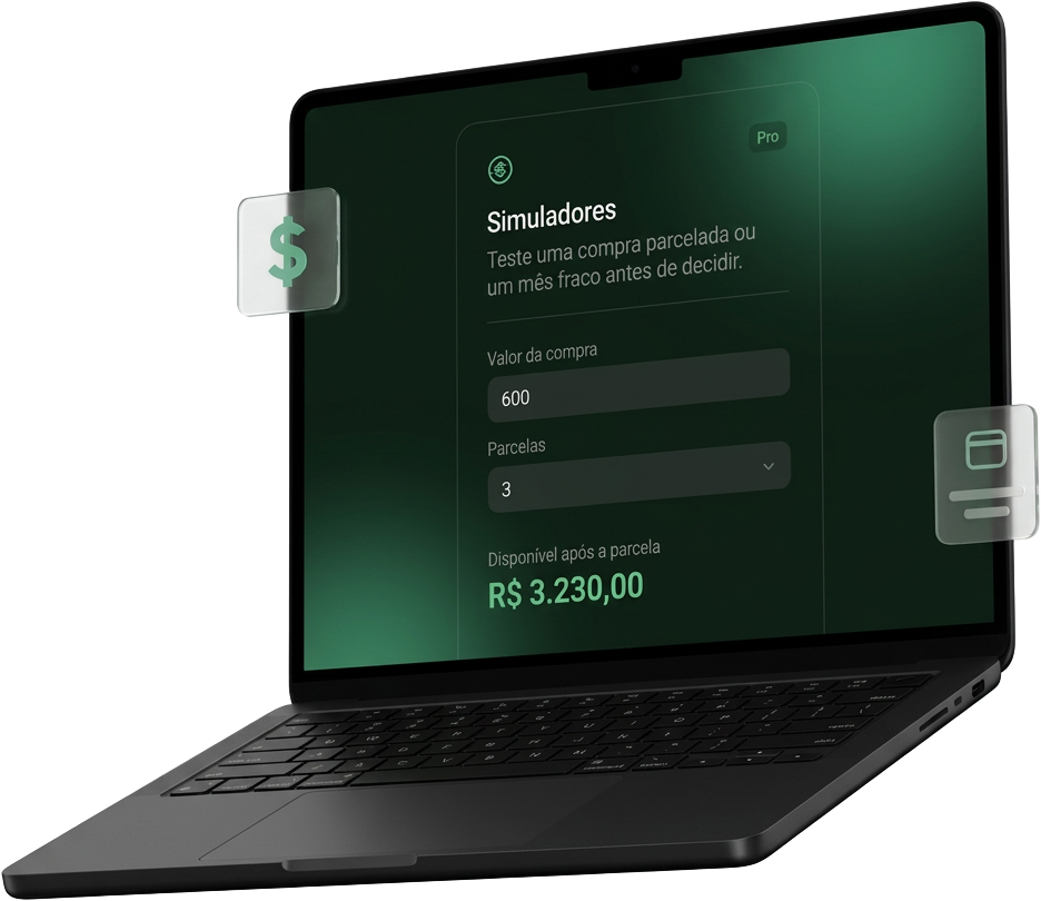 Notebook com o simulador de compra parcelada do Fluxo: valor de R$ 600 em 3 parcelas e disponível após a parcela de R$ 3.230,00