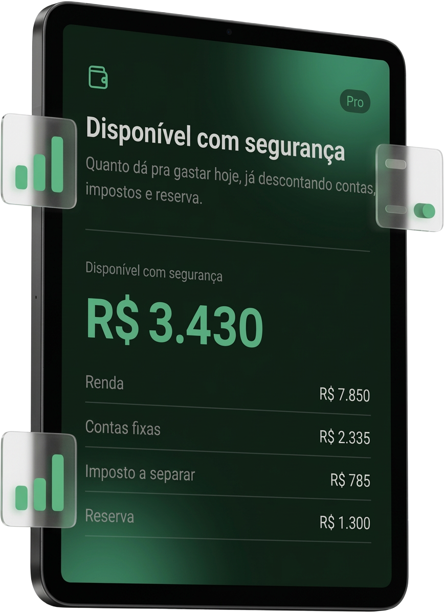 Tablet com o painel do Fluxo: disponível com segurança de R$ 3.430, com renda, contas fixas, imposto a separar e reserva