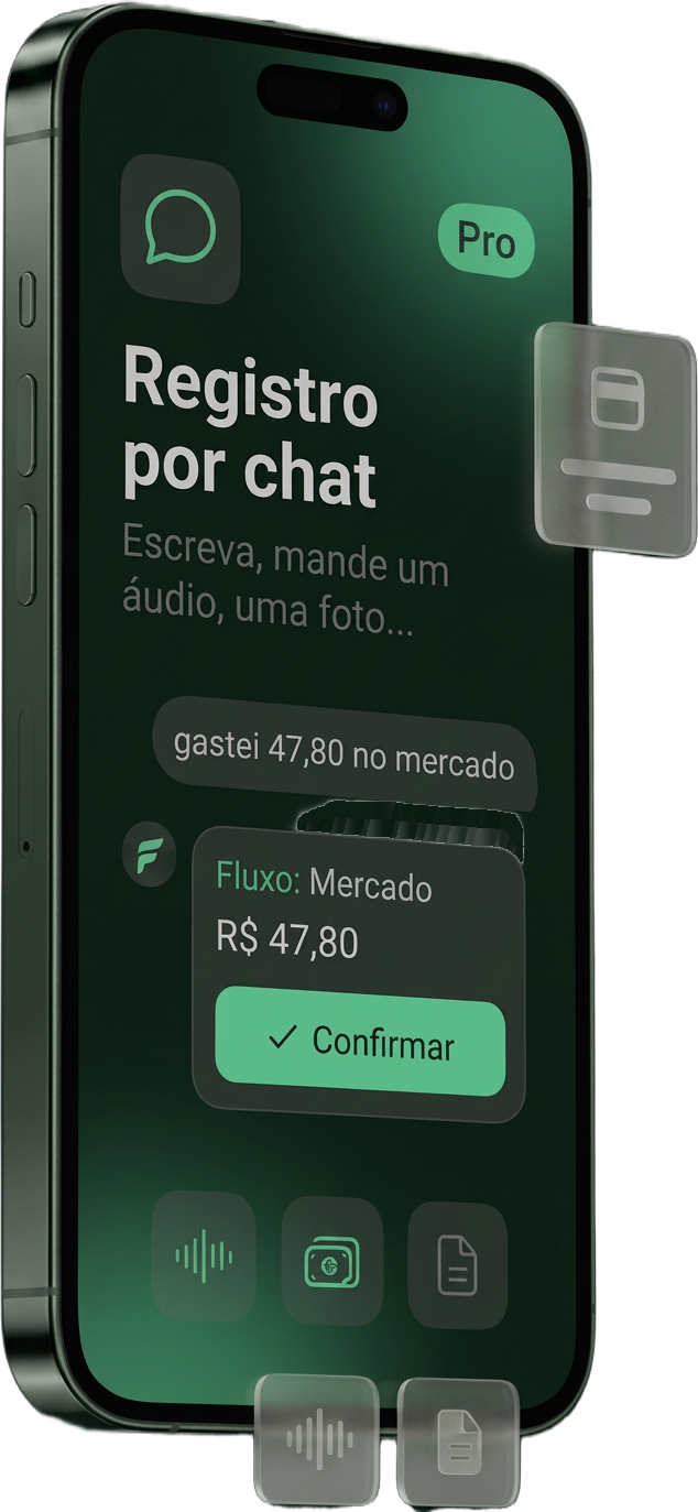 Celular com o chat do Fluxo: mensagem de R$ 47,80 no mercado, áudio de 0:04 e confirmação do lançamento